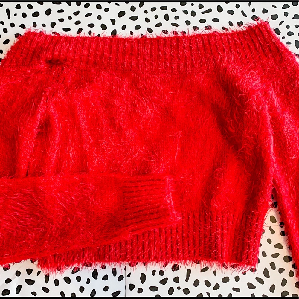 Off the shoulder red fuzzy top w/ FREE Gift